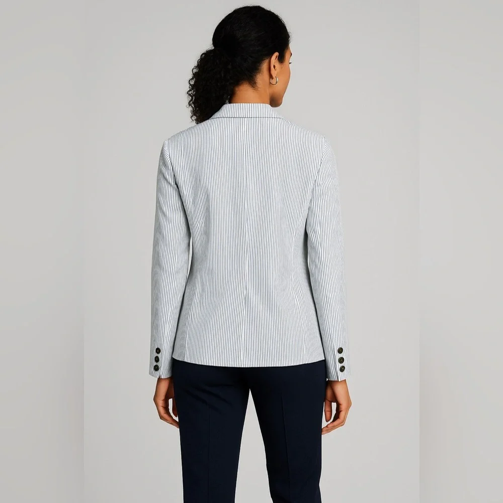 Ann Taylor Factory Womens Striped Blazer Size 16 Blue White Cotton Blend Jacket - Picture 3 of 15